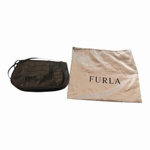 Furla Black Croc Embossed Leather Classic Clutch Italy Dust Bag Detachable Strap
